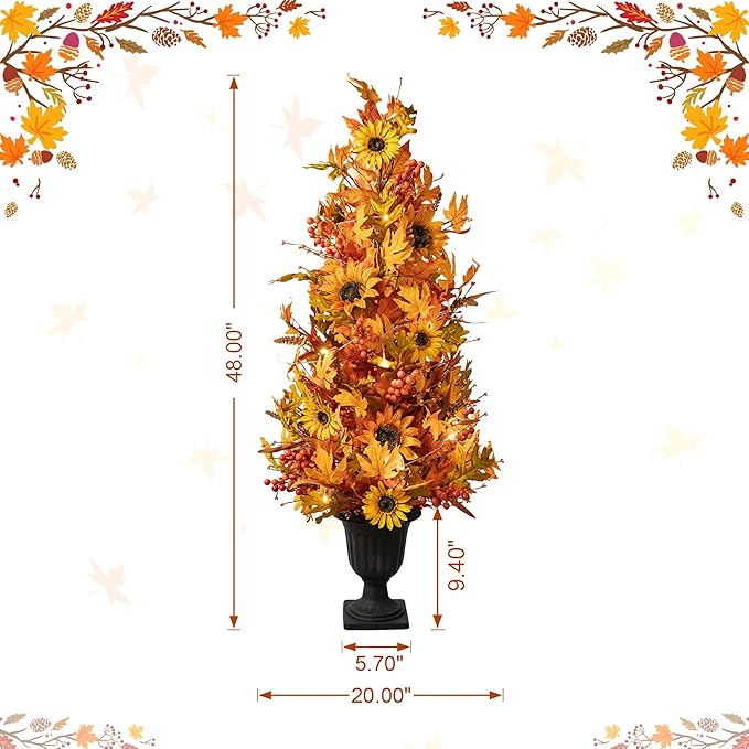 Glitzhome 2 Pcs 4FT Lighted Maple Tree with Timer, Artificial Fall Autumn Maple Leaf & Sunflower Urn Porch Tree with 20 Warm White LEDs for Autumn Fall Harvest Thanksgiving Christmas Decoration
