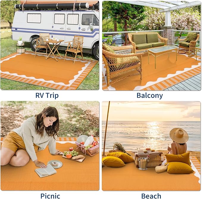 9x12 Outdoor Rug Waterproof Foldable Plastic Straw Carpet for Patio Porch Scalloped Border Reversible Mat Lightweight Floor Mat for Picnic, Backyard, Rv, Beach, Deck, Camper, Balcony，Orange