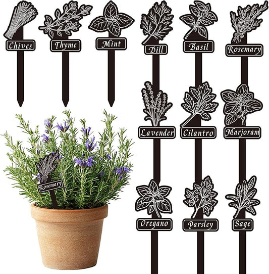 Whaline 24Pcs Herb Plant Label Signs 12 Styles Garden Herb Markers Waterproof Black Acrylic Plant Stake Tags with Names for Nursery Indoor Outdoor Garden Decor