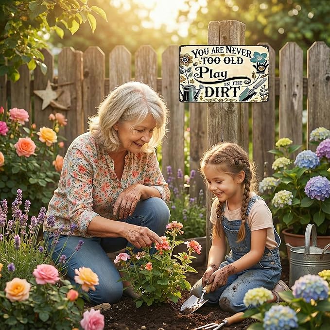 Funnysign Garden Gifts You're Never Too Old To Play In The Dirt Vintage Gardening Tin Sign for Home Garden Patio Greenhouse Yard Decor 8 X 12 Inch (3841)