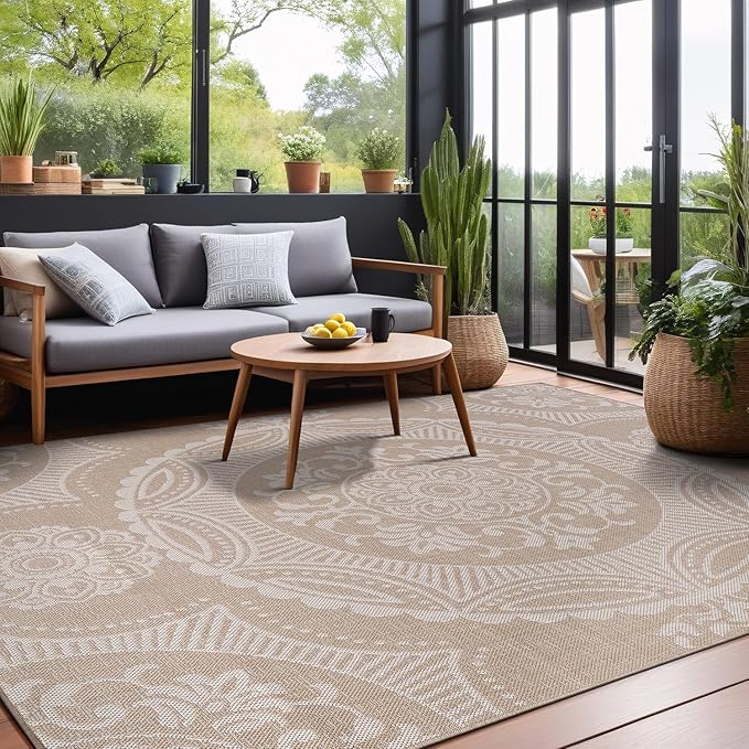Medallion Outdoor Rug 10x14 Washable Outside Carpet for Indoor Patio Porch Waterproof Easy Cleaning Non Shedding Area Rugs Beige 10 x 14