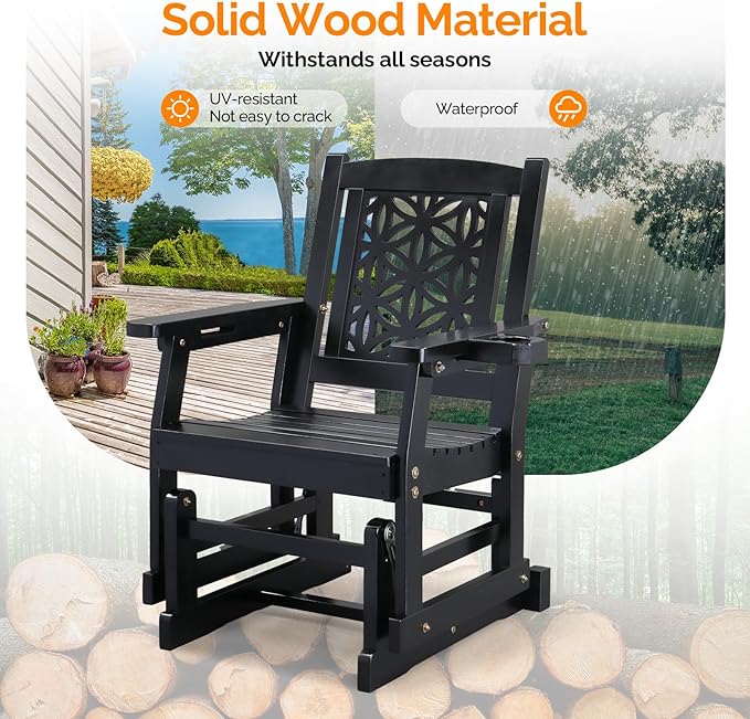 VINGLI Fir Wood Outdoor Glider with Floral Backrest, Wooden Patio Gliding Bench with Cup Holders, Smooth Rocking Chair for Garden, Yard & Porch (Black, 2.3 FT)