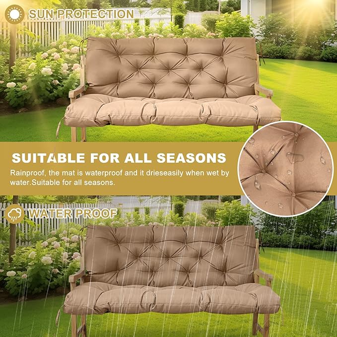 60" Porch Swing Cushion with Backrest, Waterproof Outdoor Bench Swing Cushions 3 Seater Replacement Thickened Swing Cushions with Ties for Patio Garden Backyard,Khaki,60x40in