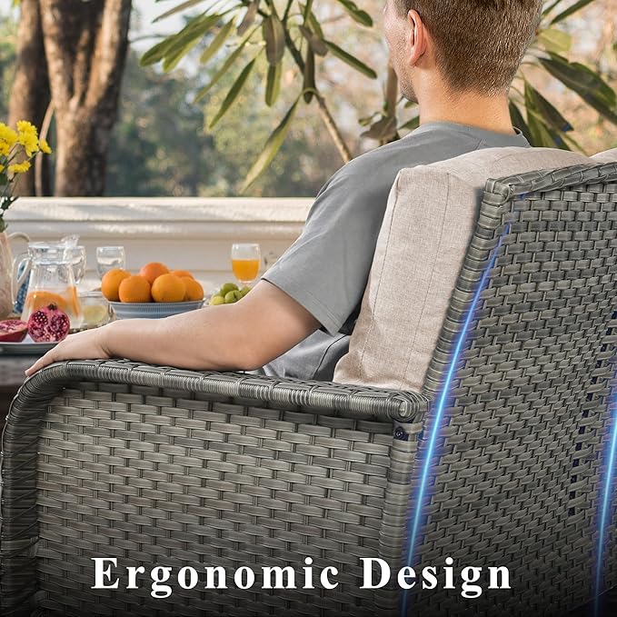 6-Piece Wicker Patio Furniture Set, All-Weather Rattan Conversation Bistro Loveseat Chair and Table Set for Backyard, Balcony and Deck with Soft Cushions and Metal Table(Beige)