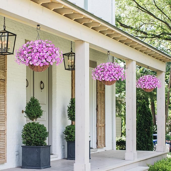 Artificial Faux Hanging Flowers Plants Basket for Outdoors Spring Decoration, UV Resistant Fake Silk Morning Glory in Planter Look Real Hanging Baskets for Outside Porch Patio Balcony Yard Home Decor