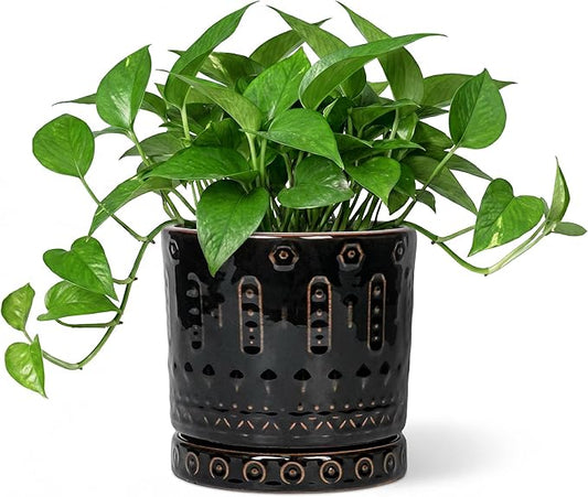 6 Inch Plant Pot, Ceramic Pots for Plants with Drainage Hole and Saucer, Round Planter for Indoor Outdoor Plants, Modern Decorative Flower Pots, Bedroom Decor, Gifts for Plant Lovers, Black