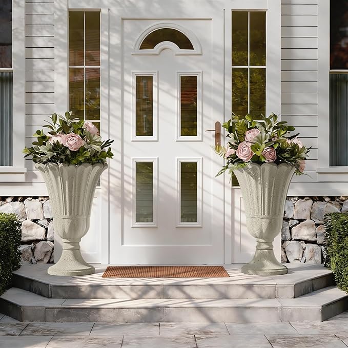 Tall Plastic Urn Planters for Outdoor Plants Set of 2-23.6" H Classic Petal Design Indoor Large Flower Pots with Drainage Holes, Outdoor Planters for Porch Decor/Garden Vase, Beige/Off White