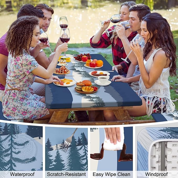 Picnic Table Cover with Bench Covers Camping Tablecloth with Storage Bag Windproof Waterproof Picnic Table Covers with Elastic for Camping