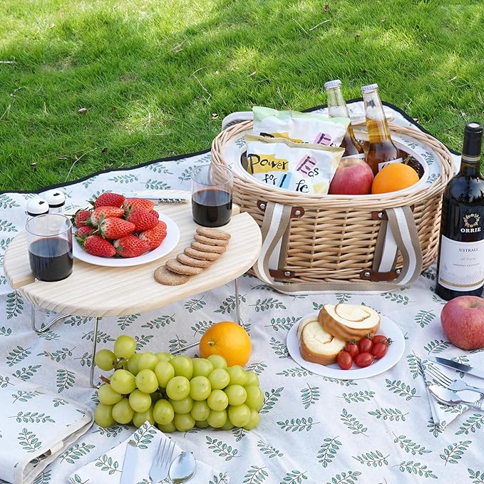 Picnic Basket Set for 2 - Wicker Insulated Picnic Basket with Waterproof Blanket, Folding Wine Picnic Table & Cutlery Kits, Picnic Baskets Kit for Camping, Outdoor, Valentine (Leaf)