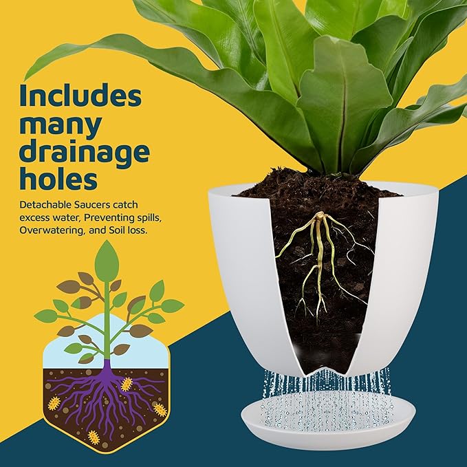 White Plant Pots with Drainage Holes & Saucers 3 Pack, Indoor & Outdoor Stackable Space-Saving Planters for Houseplants & Flowers, (7", 6.7", and 6" Inches), Durable & Weatherproof Materials