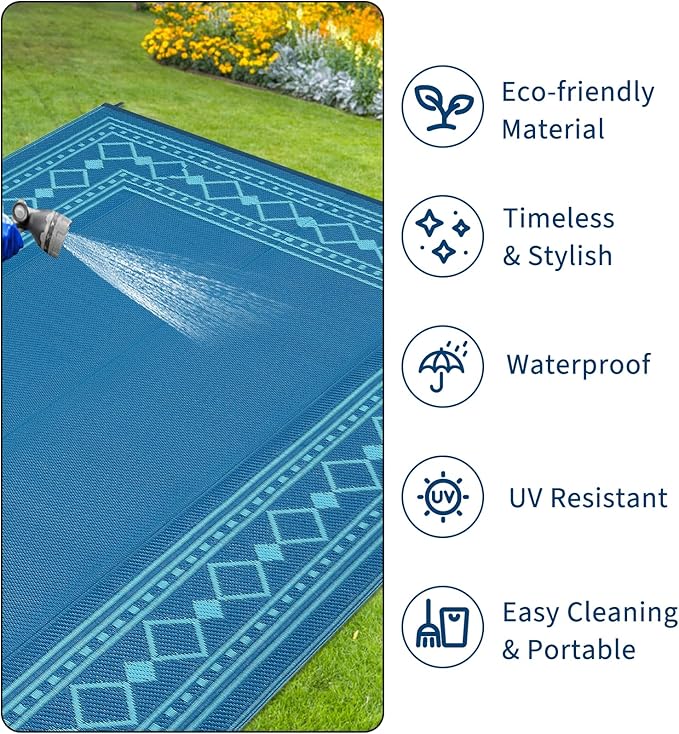 Garvee Outdoor Rug 8x10, Patio Rug Waterproof Plastic Straw Waterproof Reversible Patio Mat, Plastic Straw Rug for RV, Camping, Deck, Balcony, Easy Clean & Portable,Green/Blue