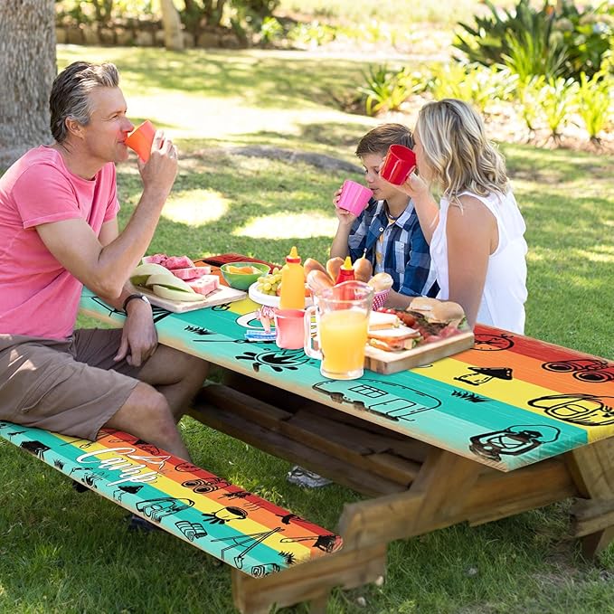 Picnic Table Cover with Bench Covers Elastic Edges, Blue Wood Camper Fitted Table Cover, Outdoor Patio Camping Essentials 72 Inch 3PCS, Waterproof Camping Fitted Tablecloth with Drawstring Bag