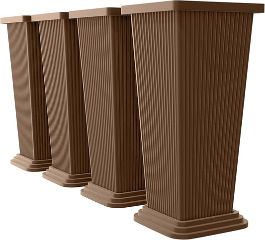 Set of 4 24" Tall Plastic Planters with Trays, Large Tapered Plant Pots for Indoor Outdoor Use, Modern Decorative Planters for Porch, Patio, Garden, and Backyard