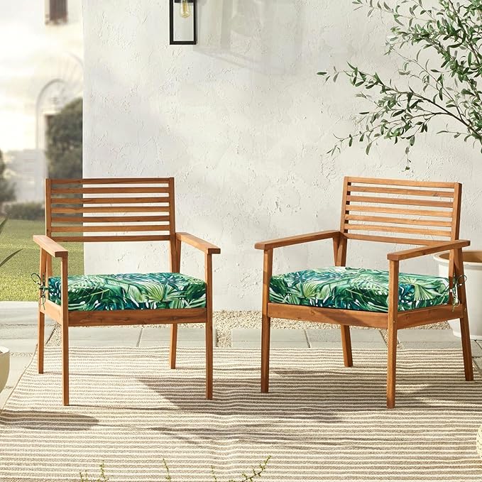 downluxe Outdoor Chair Cushions Set of 4 for Patio Furniture, Water-Resistant Square Corner Patio Chair Cushions with Ties, High Density Foam Outdoor Seat Cushion, 18.5" X 16" X 3", Palm Leaves