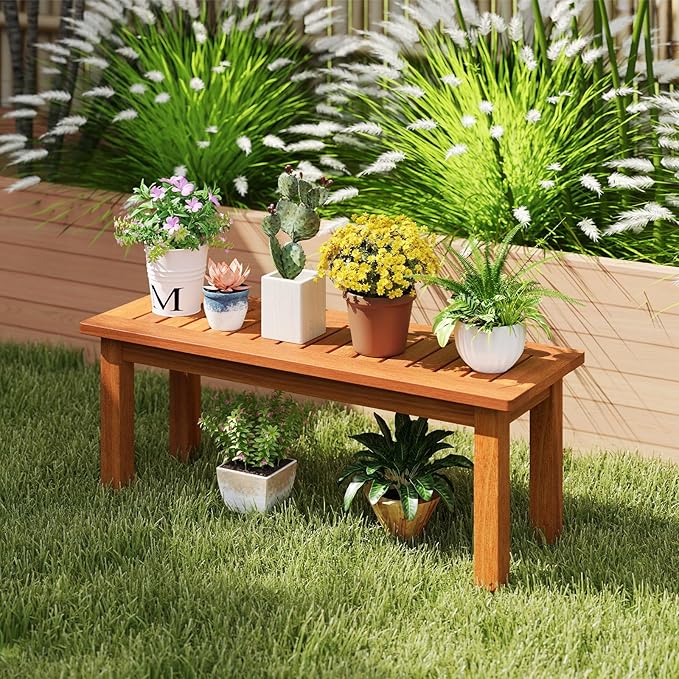 Plant Stand, Outdoor Wooden Planter Pot Holder with Teak Oil Finish & Slatted Top, Garden Planter Bench, Plant Display Rack for Porch, Backyard, Entryway (1, 34” x 12” x 13”)