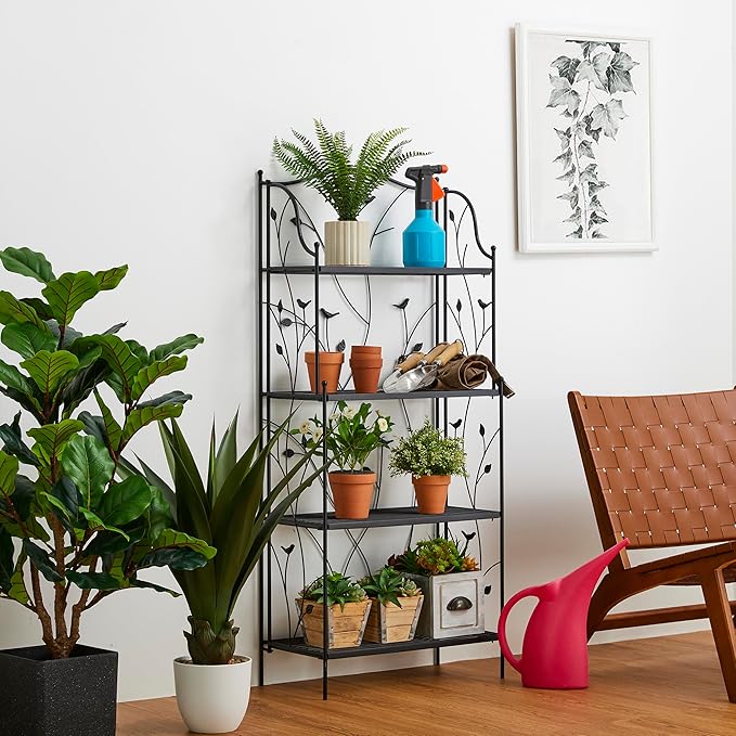 Glitzhome 52" H Plant Stand Metal Rack 4 Tier Flower Pot Organizer Multiple Holder Shelf for Indoor Outdoor Garden, Black