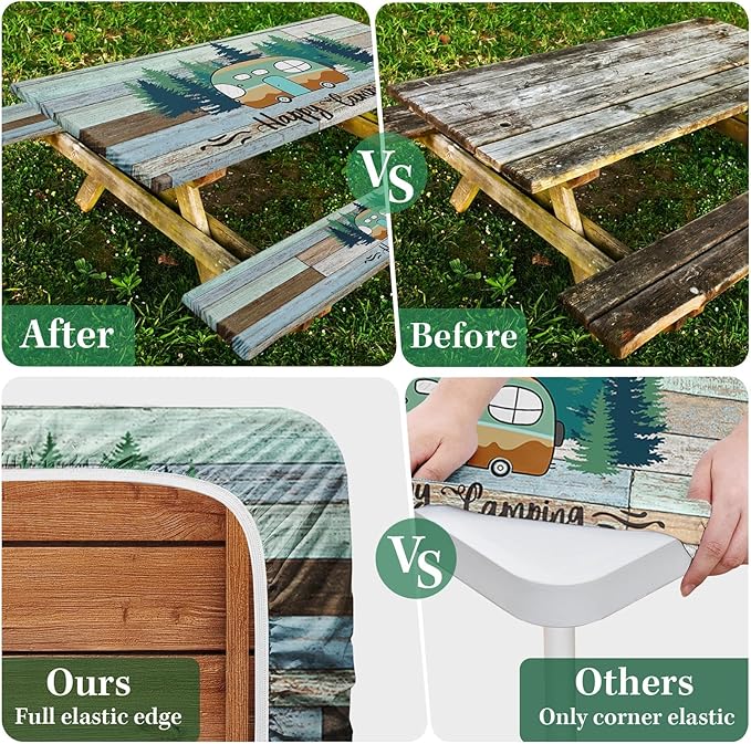 Picnic Table Cover with Bench Covers Elastic Edges, Green Camper Fitted Table Cover, Outdoor Patio Camping Essentials 72 Inch 3PCS, Waterproof Camping Fitted Tablecloth with Drawstring Bag