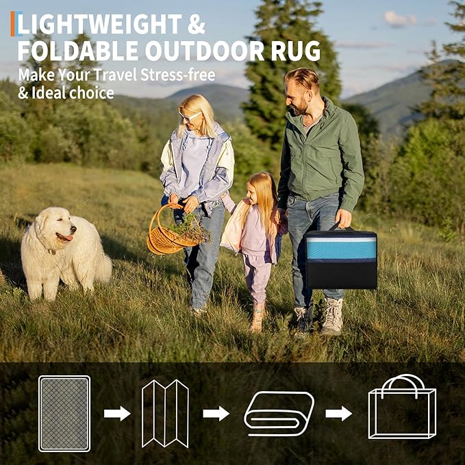 Outdoor Rug 8x10 Waterproof Patio Rugs Colorful Line Reversible Mat for Front Door Rv Foldable Plastic Straw Carpet for Travel Trailers, Deck, Picnic, Porch, Camper, Balcony, Beach，Blue