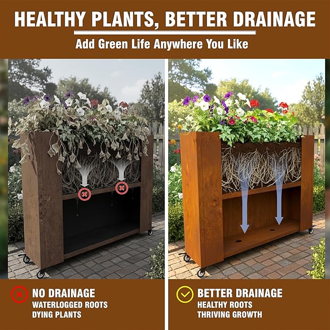 36" L x 9.3" W x 28.4" H Corten Steel Planter Box with Wheels & Removable Shelf – Rolling Raised Garden Bed with Rust Patina, Smart Drainage System, Outdoor Planter for Patio & Modern Décor