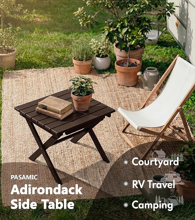 PASAMIC Folding Outdoor Side Table, HDPE Adirondack Patio End Table, Portable, No Assembly, Weather-Resistant for Camping, RV, Poolside, Garden, Indoor & Outdoor Use (Brown)