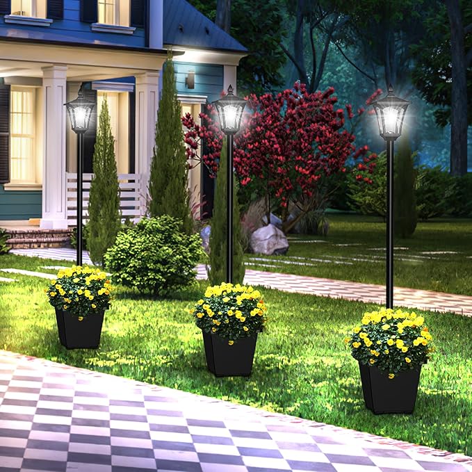 64 Inch Solar Lamp Post Light with Planter, 60 High Lumen Street Light, Solar Post Lights Waterproof for Pathway, Garden, Driveway, Lawn, Front Back Door Outside Pole Lamp 6000K