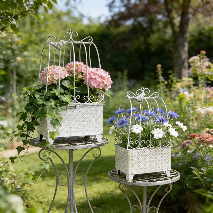 2-Piece Vintage White Metal Birdcage Planter Set, Decorative Flower Pots with Ornate Design for Indoor Outdoor Garden Decor, Distressed Planters (White)