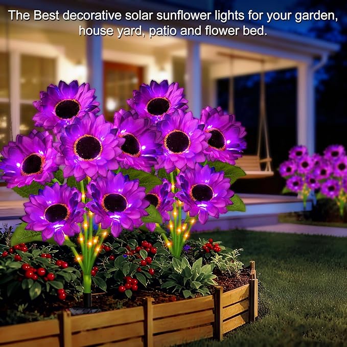 Solar Sunflower Lights Outdoor Garden Decor, 4 Pack Solar Purple Flowers Lights with 24 Sunflowers, Waterproof Fall Decor Stake Decorative Light Auto ON/Off for Garden Yard Patio, Gift for Women