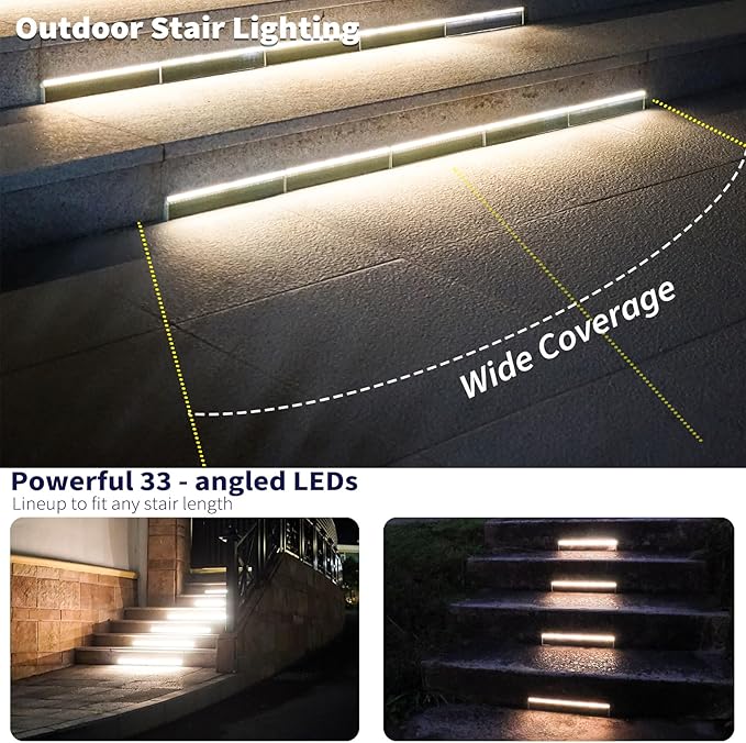 Solar Step Lights for Outside, 33 Focused-Beam High-Brightness LEDs, Waterproof Aluminum Outdoor Stair Light for Risers, Curbsides, Poolsides, Planter Edges (Warm White, 6Pack)