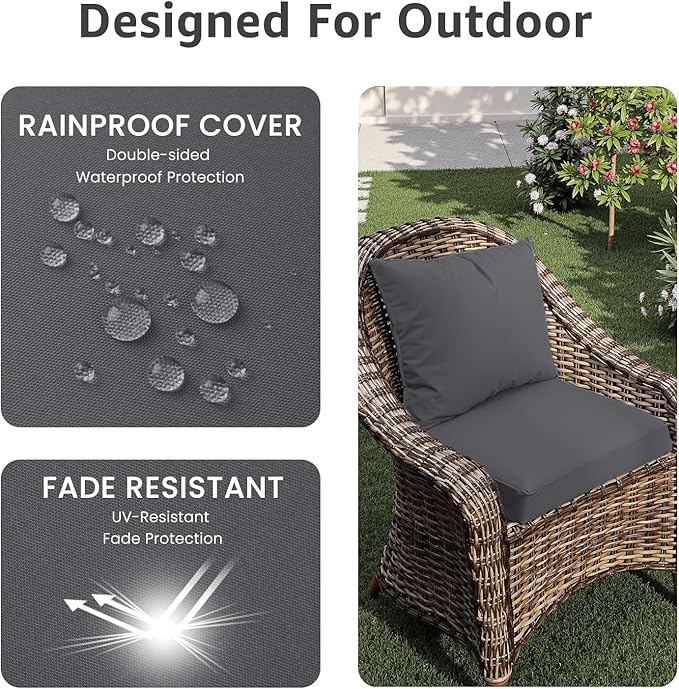 Outdoor Seat Cushion Set 22 x 22 x 4 Inch, Waterproof & Fade Resistant Patio Furniture Cushions with Removable Cover and Ties, Thick Deep Seating Pads for Outside Chair Sofa Couch, Grey