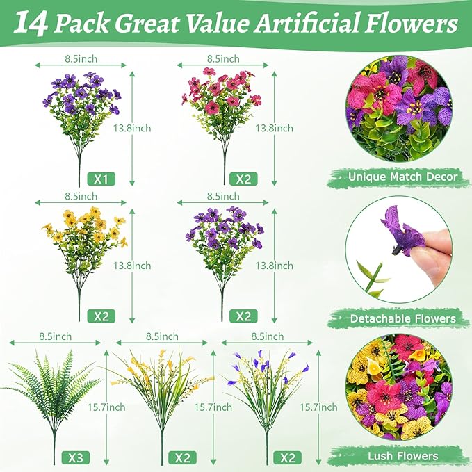 BLEUM CADE Artificial Flowers for Outdoors, 14 Bundles Faux Plants Outdoor Artificial Flowers for Decoration, UV Resistant Fake Flowers Artificial Plants & Flowers for Outdoors Garden Decor