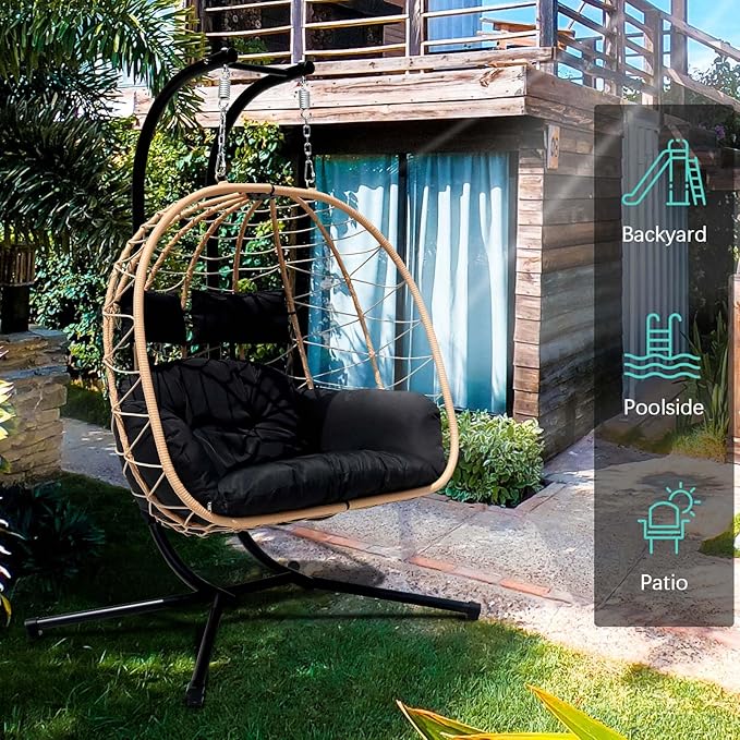 Hanging Egg Chair with Stand Indoor Swinging Chair Outdoor Hammock Egg Chair for Patio, Bedroom, Garden and Balcony (Black, Large)