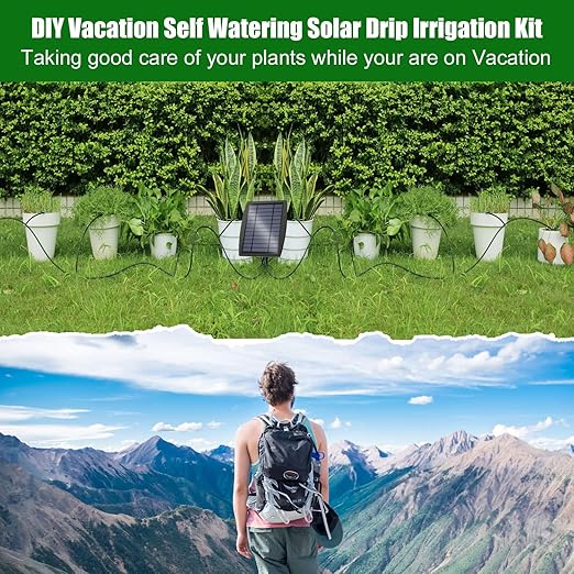 Solar Automatic Drip Irrigation Kit System, Solar Powered Auto Easy DIY Watering Device Supported Pots Plants, 12 Timing Modes with Anti-Siphoning Device (Supported 20-30 Pots, 12Timing Modes)