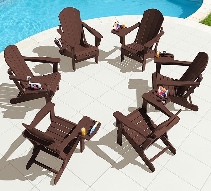 SERWALL Folding Adirondack Chair Set of 4, Outdoor Adirondack Chairs with 4 in 1 Cup Holder, Wood Texture Patio Chairs, Weather Resistant Fire Pit Chairs for Patio Deck Garden, Backyard Deck - Coffee