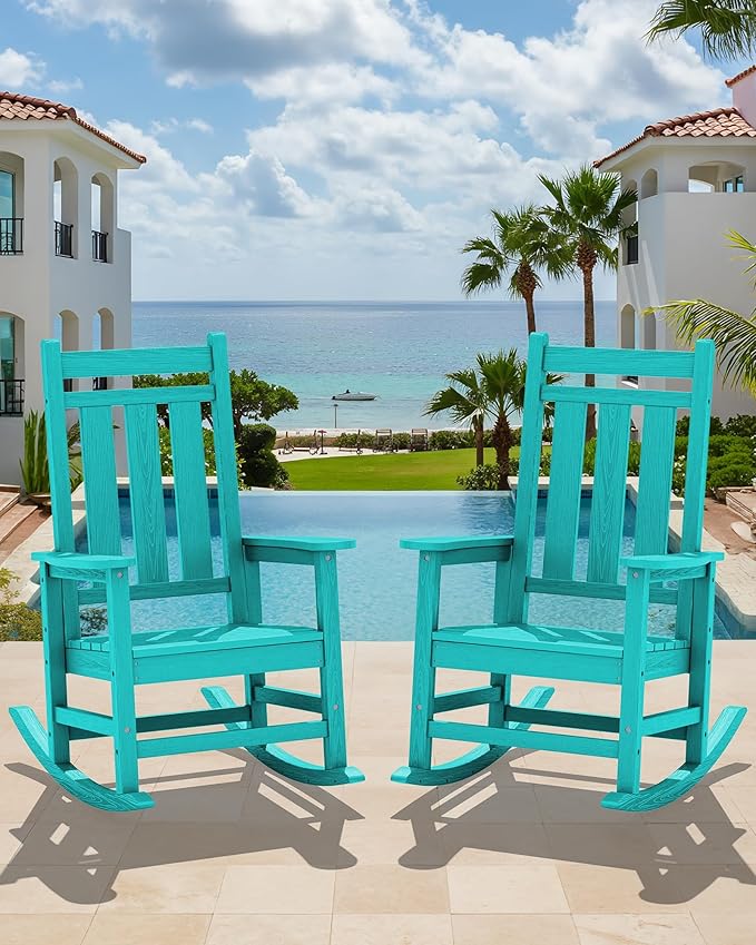 KINGYES Oversized Outdoor Rocking Chair Set of 2, All-Weather Patio Rocking Chairs for Porch, HDPE Outdoor Patio Rockers with High Back & Wide Seat for Garden, Lawn, Aruba