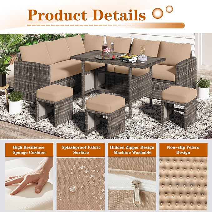 U-MAX Outdoor Cushions, 4 inch Memory Foam Patio Replacement for Outdoor Furniture, Fits 7-Seats Sectional Rattan Conversation Set, Splashproof Covers (Beige)