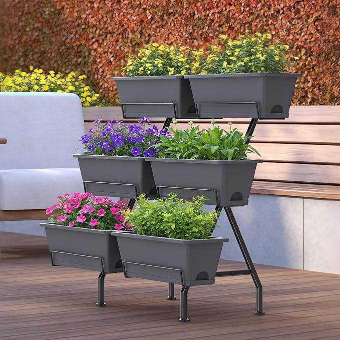 ETELI Vertical Raised Garden Bed 3 Tier Garden Planter Indoor Outdoor Herb Planter with 6 Removable Boxes Standing Garden Planter with Drainage Holes Elevated Raised Bed for Patio Balcony Porch, Grey
