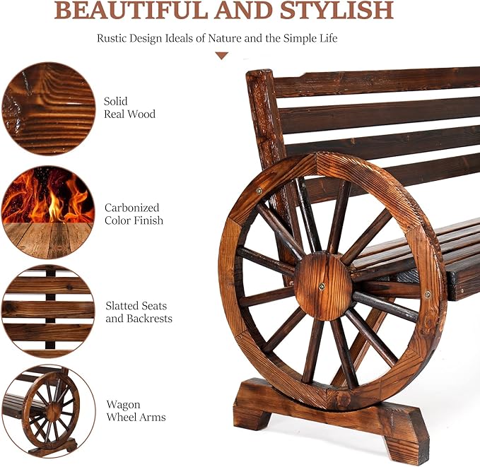 VINGLI Outdoor Rustic Wooden Bench with Wagon Wheel Arms, 3 People Outdoor Bench Garden Bench Front Porch Furniture Patio Lawn Yard Park, Indoor and Ourdoor Decor