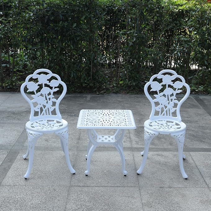 KAILI Rose Garden Cast Aluminum Bistro Chairs, Decorative Outdoor Patio Seating, Set of 2, White and Black (Rose Chair White)