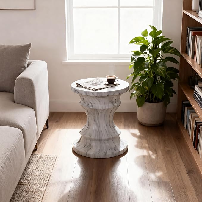 15.35" Cement End Tables for Patio,Modern Small Round Side Faux Terrazzo Accent Table,Tree Stump Garden Stool Drum Indoor and Outdoor,Light Grey