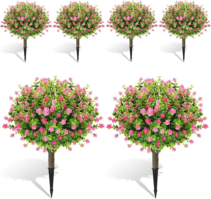 Yunlly 6 Pcs Outdoor Artificial Topiary Ball Trees 22" with Colorful Flowers, Boxwood Fake Bushes Shrubs with Spike, UV Resistant Evergreen Plants for Front Porch Garden Decor (Light Pink)