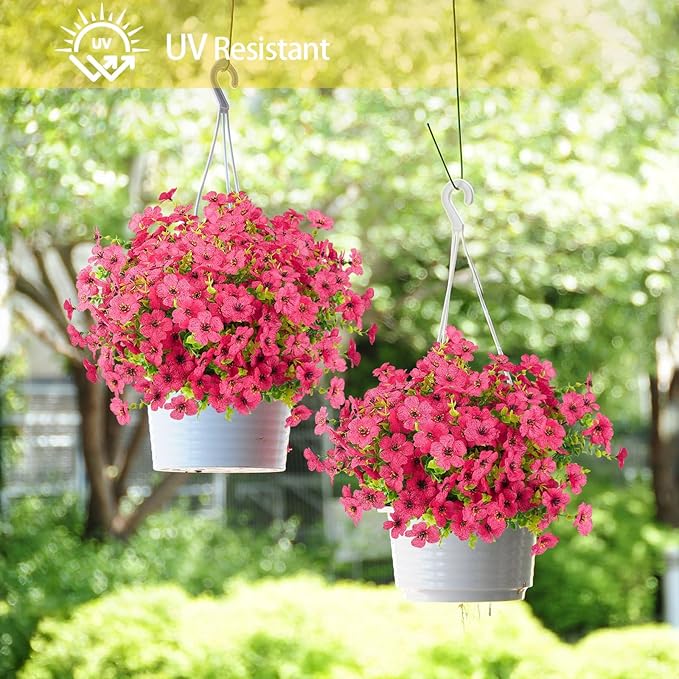 Artificial Flowers Outdoor Faux Plants UV Resistant Fake Patio Flowers Plastic Greenery Plnats Outside Bulk for Spring Garden Hanging Planter Home Vase Decor, 24 Bundles (Rose Red)