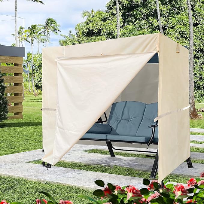 Outdoor 3 Triple Seater Hammock Swing Cover - Garden Glider Chair Canopy - UV Resistant (100 * 59 * 72 inch) Beige