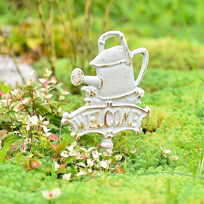 Sungmor Vintage Cast Iron Decorative Garden Stake, Rustic White Welcome Yard Art Sign with Stake, 12.6" Tall Metal Watering Can Stake with Welcome Sign, Lawn Patio Backyard Outdoor Spring Decor