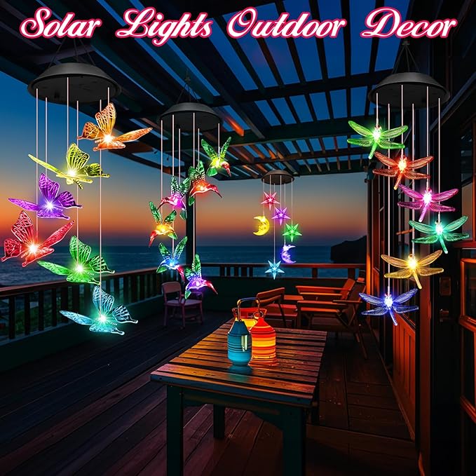 Easter Basket Stuffers Gifts for Her Mom Grandma, Birthday Gardening Gifts for Women, Winzwon Solar Lights Outdoor Wind Chimes for Garden Yard Patio Porch Decor Hanging Butterfly Decorations