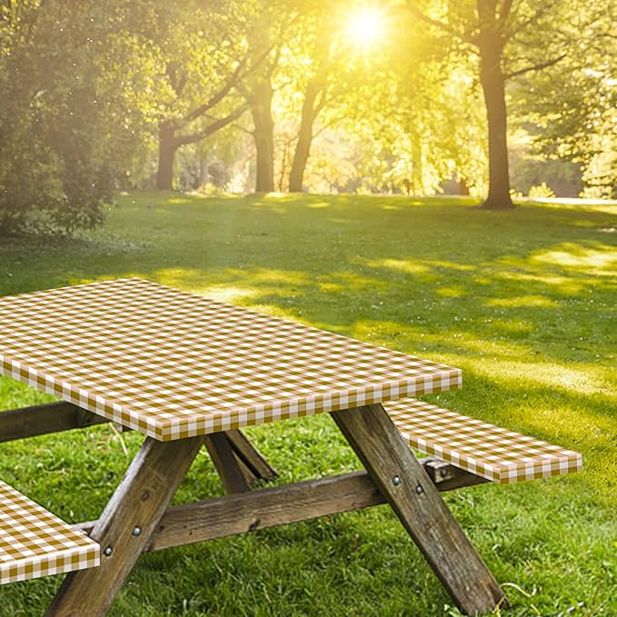 KENOBEE 8ft Picnic Table and Bench Cover, Camping Essentials RV Gear, 96 in Waterproof Windproof Outdoor Elastic All Around Tablecloth, Fitted Rectangle Tables and Seats, Coffee-White Checkered