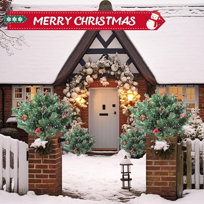 Hotop 3 Pack 18” Pre-lit Christmas Planter Filler Outdoor Christmas Tree Urn Fillers Decorations with Cones, Berries, Tripod Stake and LED Lights Realistic Artificial Planter for Holiday Decor