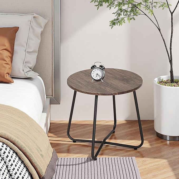 VECELO 17.7 inch Small Round Outdoor Side Table,Patio End Table,Waterproof Wood Table with Weather Resistant Steel Adjustable Feet for Living Room Bedroom Garden Yard Balcony Porch Poolside