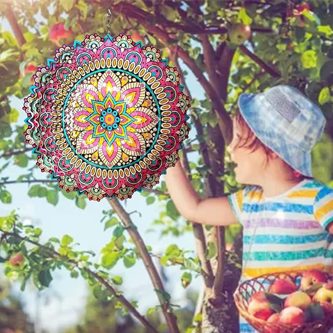 Mandala Blossom Wind Spinner - Metal Wind Spinners | 12inch 3D Kinetic Laser Cut Hanging Wind Sculpture & Wind Catcher | Outdoor Decor for Garden, Patio, Yard Art