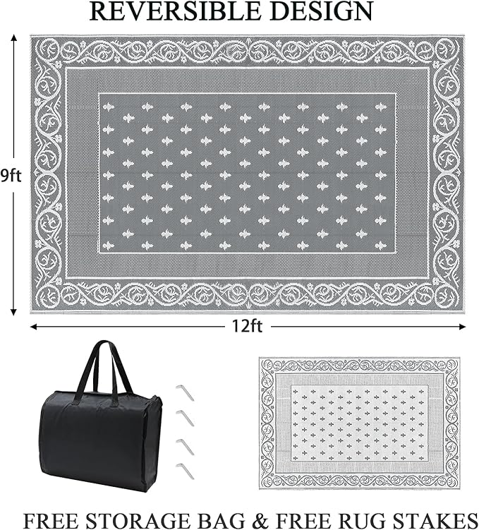Pauwer Waterproof Outdoor Rug 9x12, Reversible Plastic Straw Patio Camping Rug, Indoor Outdoor RV Mat Carpet for Deck, Camper, Porch, Balcony, Backyard, Picnic, Bordered Grey