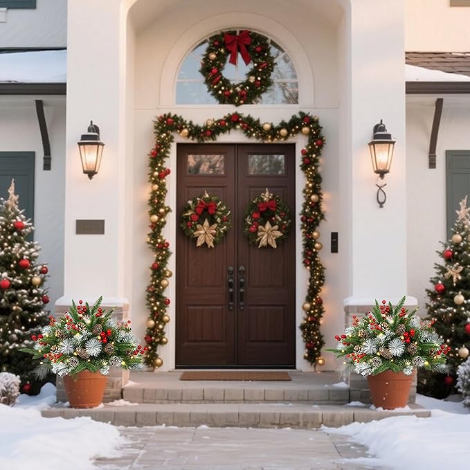 Outdoor Urn Filler, Set of 2 Lighted Outdoor Christmas Tree, Battery Operated Christmas Porch Decorations for Driveway, Yard, Garden, Flower Beds